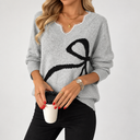 Women’s V-Neck Sweater | Oversized Knitted Jumper with Bow Print