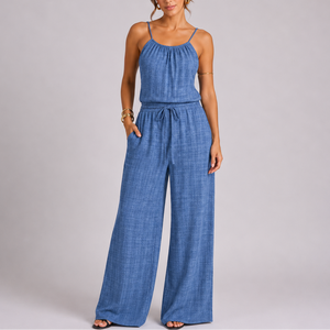 Women’s Casual Spaghetti Strap Wide Leg Jumpsuit with Drawstring Waist
