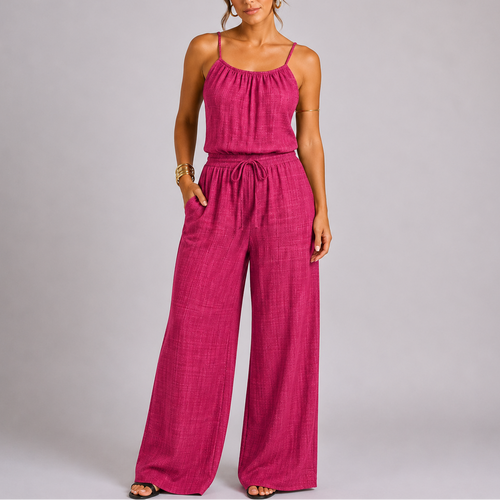 Women’s Casual Spaghetti Strap Wide Leg Jumpsuit with Drawstring Waist