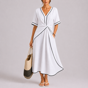 Women's Summer Twist Front Maxi Dress with Contrast Trim