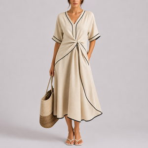 Women's Summer Twist Front Maxi Dress with Contrast Trim