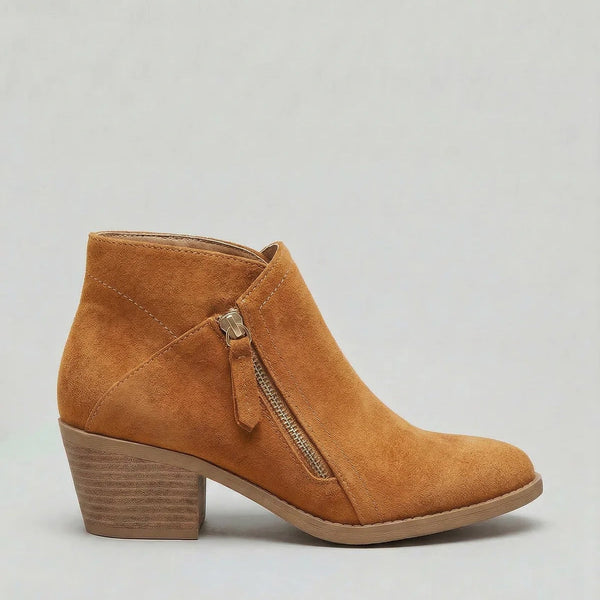 Women’s Suede Ankle Boots – Block Heel & Side Zip