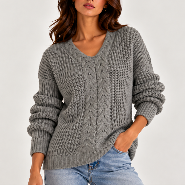 Women’s Cable Knit V-Neck Sweater – Long Sleeve Knitted Jumper