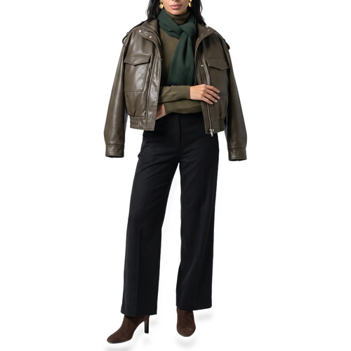 Women’s Cropped Bomber Jacket – Faux Leather with Ribbed Cuffs