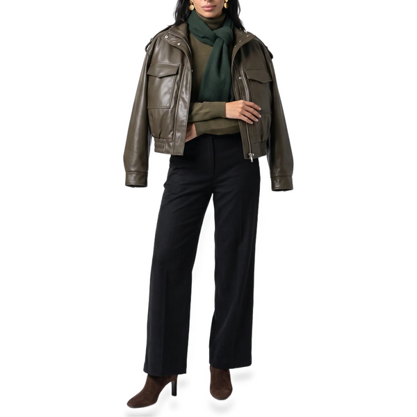 Women’s Cropped Bomber Jacket – Faux Leather with Ribbed Cuffs