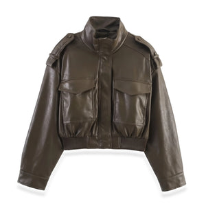 Women’s Cropped Bomber Jacket – Faux Leather with Ribbed Cuffs