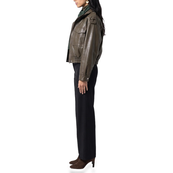 Women’s Cropped Bomber Jacket – Faux Leather with Ribbed Cuffs