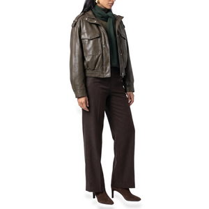 Women’s Cropped Bomber Jacket – Faux Leather with Ribbed Cuffs