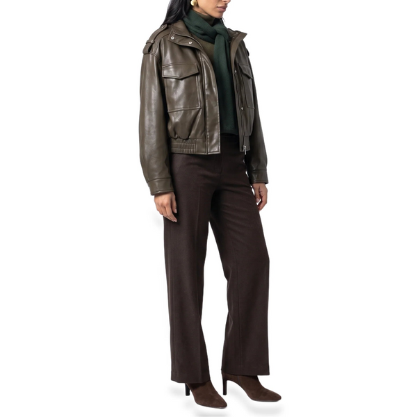 Women’s Cropped Bomber Jacket – Faux Leather with Ribbed Cuffs