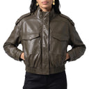 Women’s Cropped Bomber Jacket – Faux Leather with Ribbed Cuffs