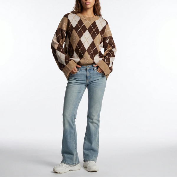 Women’s Diamond Pattern Knit Jumper – Round Neck Long Sleeve Sweater