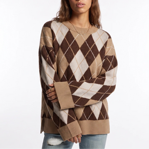 Women’s Diamond Pattern Knit Jumper – Round Neck Long Sleeve Sweater