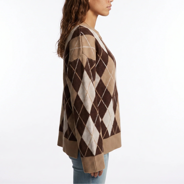 Women’s Diamond Pattern Knit Jumper – Round Neck Long Sleeve Sweater