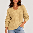 Women’s Cable Knit V-Neck Sweater – Long Sleeve Knitted Jumper