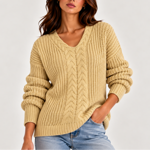 Women’s Cable Knit V-Neck Sweater – Long Sleeve Knitted Jumper