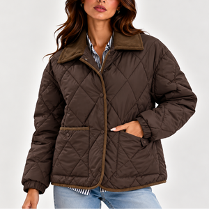 Women’s Quilted Puffer Jacket with Corduroy Collar – Long Sleeve Coat