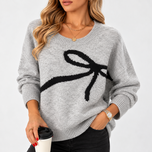 Women’s V-Neck Sweater | Oversized Knitted Jumper with Bow Print