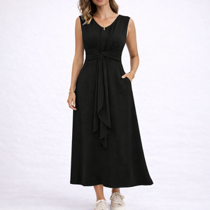Elegant Sleeveless Midi Dress with Waist Tie Detail