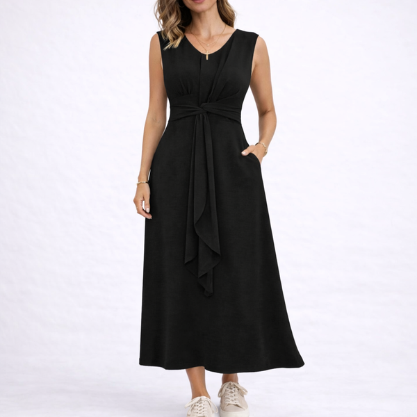 Elegant Sleeveless Midi Dress with Waist Tie Detail