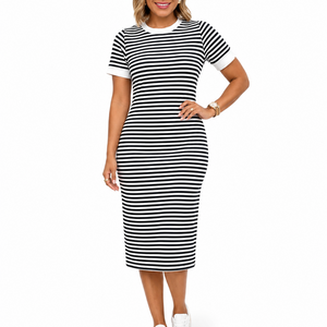 Women’s Black and White Striped Midi T-Shirt Dress
