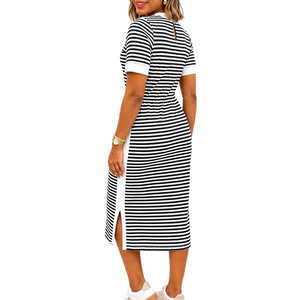 Women’s Black and White Striped Midi T-Shirt Dress