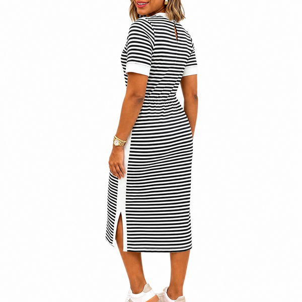 Women’s Black and White Striped Midi T-Shirt Dress