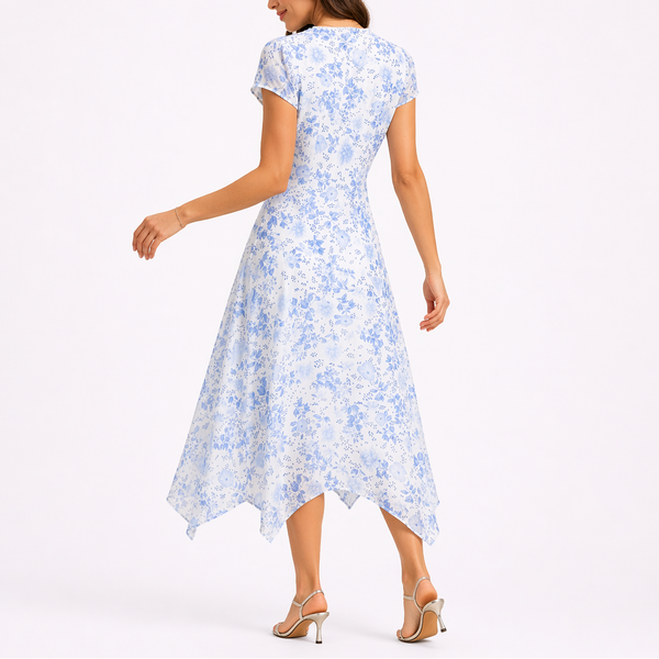 Women’s Blue Floral Midi Dress with V-Neck