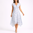 Women’s Blue Floral Midi Dress with V-Neck