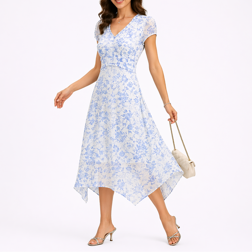 Women’s Blue Floral Midi Dress with V-Neck