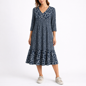 Women’s Floral Midi Dress with V-Neck and Smocked Waist