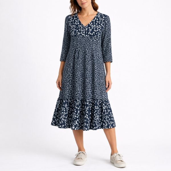 Women’s Floral Midi Dress with V-Neck and Smocked Waist
