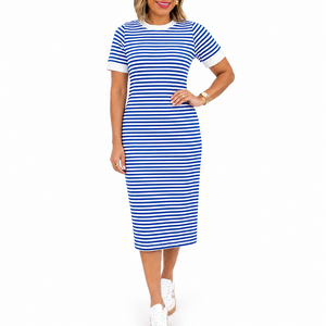 Women’s Black and White Striped Midi T-Shirt Dress