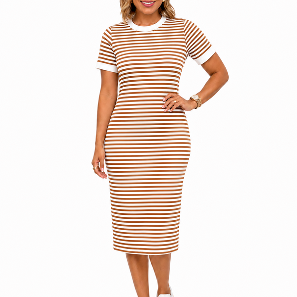 Women’s Black and White Striped Midi T-Shirt Dress