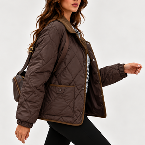 Women’s Quilted Puffer Jacket with Corduroy Collar – Long Sleeve Coat