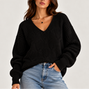 Women’s Oversized Cable Knit V-Neck Sweater – Textured Jumper