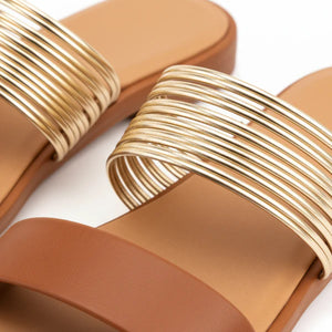 Women’s Flat Slide Sandals with Multi Strap Metallic Design