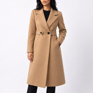 Women’s Long Belted Wool Winter Coat with Wide Lapels and Side Pockets