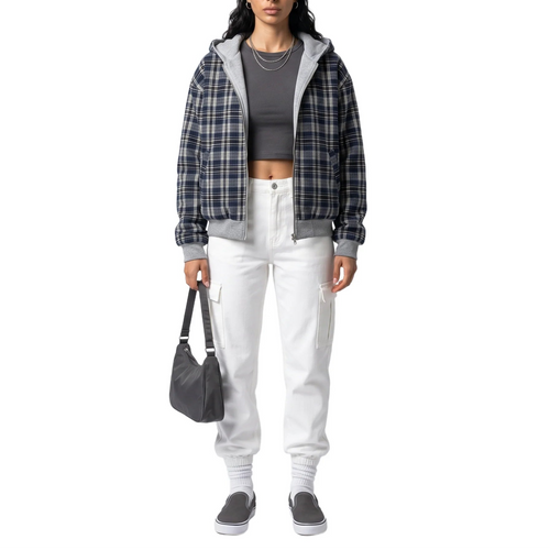 Women’s Reversible Cropped Hooded Jacket – Check Pattern Zip-Up Hoodie