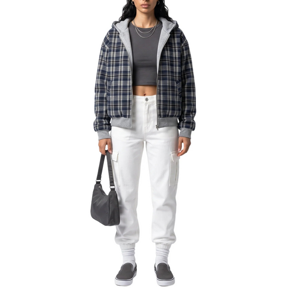 Women’s Reversible Cropped Hooded Jacket – Check Pattern Zip-Up Hoodie