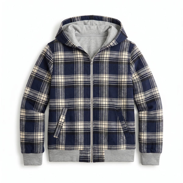 Women’s Reversible Cropped Hooded Jacket – Check Pattern Zip-Up Hoodie