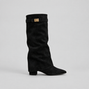 Women’s Knee High Boots with Low Block Heel & Gold Buckle Detail