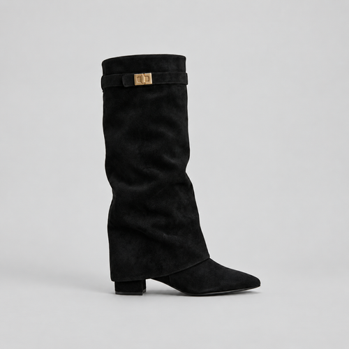 Women’s Knee High Boots with Low Block Heel & Gold Buckle Detail