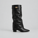 Women’s Knee High Boots with Low Block Heel & Gold Buckle Detail