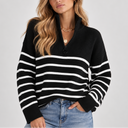Women's Striped Quarter Zip Knit Sweater – Relaxed Fit Pullover