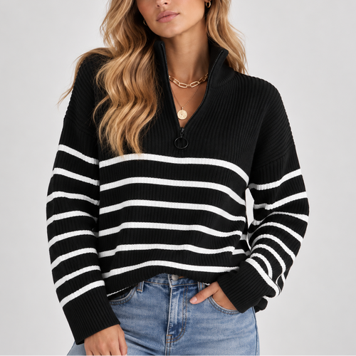 Women's Striped Quarter Zip Knit Sweater – Relaxed Fit Pullover