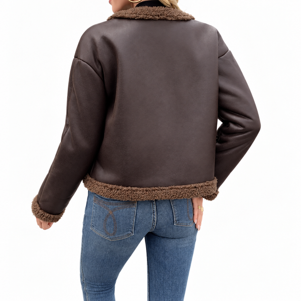Women’s Brown Shearling Trim Jacket - Cropped Faux Leather Winter Coat