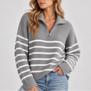 Women's Striped Quarter Zip Knit Sweater – Relaxed Fit Pullover