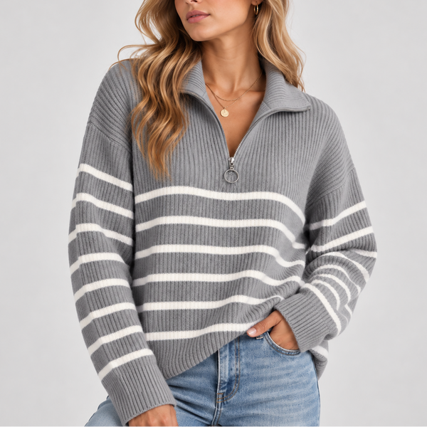Women's Striped Quarter Zip Knit Sweater – Relaxed Fit Pullover