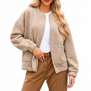 Women’s Beige Quilted Jacket | Zip-Up Long Sleeve Outerwear with Front Pockets