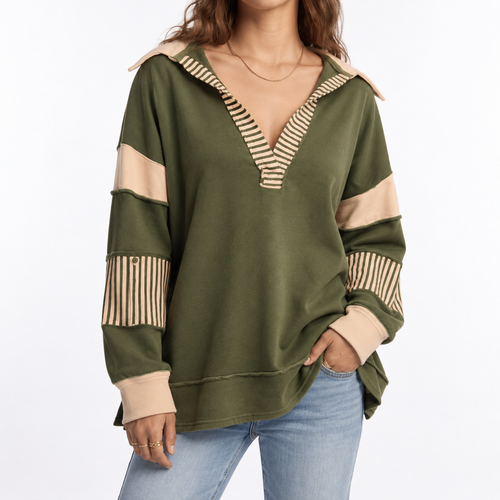 Women's Oversized V-Neck Sweatshirt with Striped Sleeves